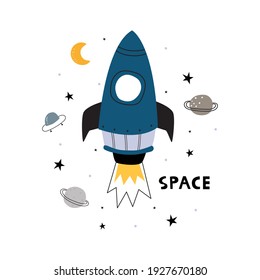 Rocket ship and stars on white background Flat icon vector illustration shuttle flying Space travel New project start ideas Creative
