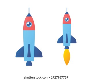 Rocket ship or starship flying isolated, fast delivery, future space travel, startup technology flat vector illustration.