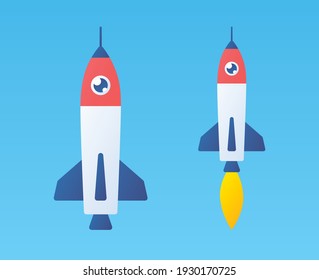 Rocket ship or starship flying in sky, fast delivery, future space travel, startup technology flat vector illustration.