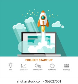 Rocket ship. Start Up. Flat design modern vector illustration concept of new business project start up development and launch a new innovation product on a market.
