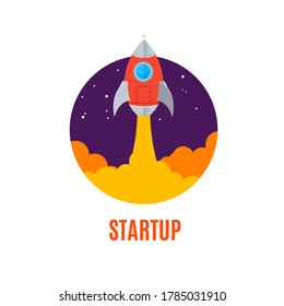 Rocket Ship Startup Concept Banner Flat Design Style Symbol of Business Opportunity. Vector illustration of Rocketship