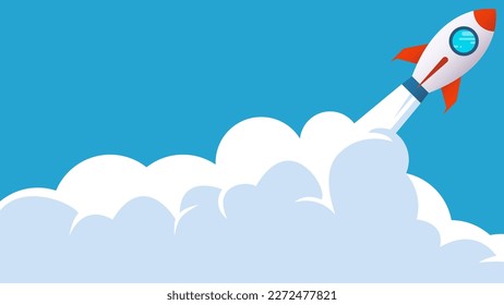 rocket ship startup launch to the space with blue sky and cloud background, vector illustration