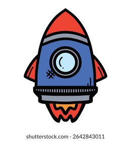 Rocket ship sticker for school bulletin board. Poster print for kids rooms. Line art drawing of rocket flying to the moon on a isolated white background. Vector illustration for classrooms. EPS 10.