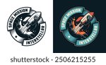 Rocket ship with a stylized flame - retro logo. Vintage interstellar space mission badge. Vector illustration