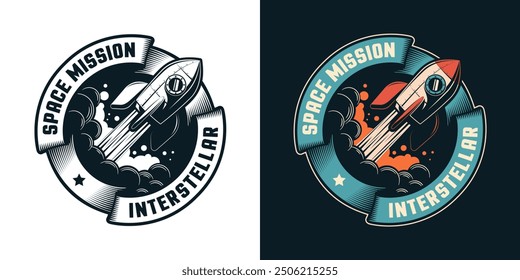 Rocket ship with a stylized flame - retro logo. Vintage interstellar space mission badge. Vector illustration