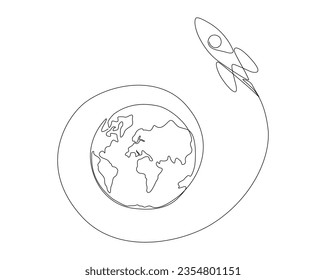 Rocket ship take of from earth outline. Continuous one line drawing of rocket space ship and earth. Editable stroke.