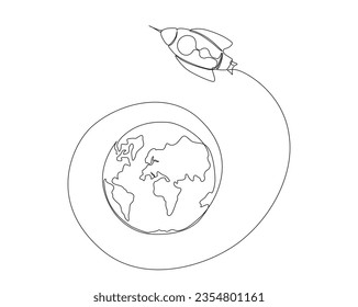 Rocket ship take of from earth outline. Continuous one line drawing of rocket space ship and earth. Editable stroke.