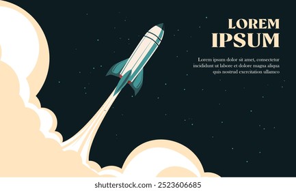 Rocket ship take off illustration 80's background. Suitable for space mission launch and technology banner.