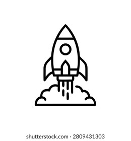 Rocket ship takeoff linear icon with multiple vertical exhaust trail lines.
