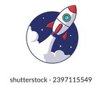 Rocket ship takeoff symbol - Vector spaceship flying out of oval round frame with smoke. Flat design isolated with white background