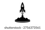 Rocket ship taking off in black