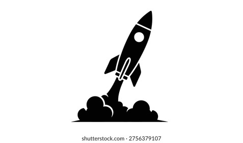 Rocket ship taking off in black