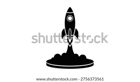 Rocket ship taking off in black