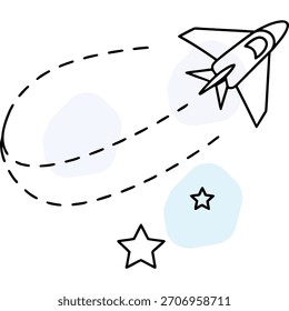 Cohete barco despegando ilustración con nubes azules de ensueño y estrellas