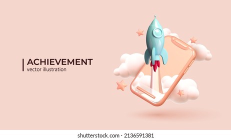 Rocket Ship Taking Off From Smartphone Around The Clouds And Stars. Realistic 3d Illustration With Flying Shuttle. Space Travel. Spacecraft Launch New Project Start Up Concept. Vector Illustration