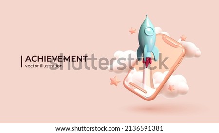 Rocket ship taking off from smartphone around the clouds and stars. Realistic 3d illustration with flying shuttle. Space travel. Spacecraft launch new project start up concept. Vector illustration
