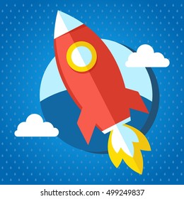 Rocket ship travel to the space. Rocket launch.Project start up and development process. Innovation idea. Management. Flat vector cartoon rocket illustration. Objects isolated on a white background.