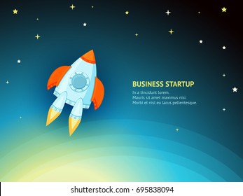 Rocket ship vector above the sunlight in a space. For business start up media.