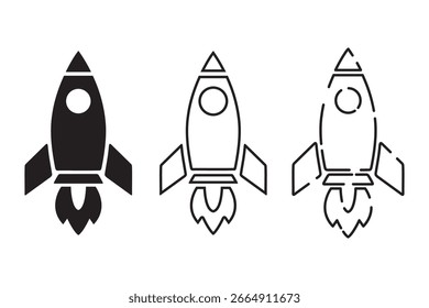 Conjunto de iconos de Vector de nave cohete en estilo de línea sólido, contorno y mínimo