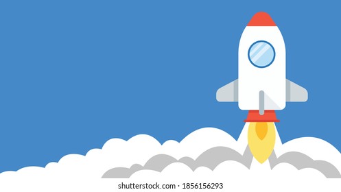 Rocket Ship Vector, Rocket Launch, Boost Business, Increase Traffic, Increase Profit, Startup, Copy Space, Blue Background