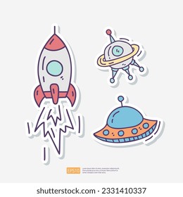 Rocket ship Vector and UFO Space Ship Doodle Sticker Icon Set. Space Adventure and Cosmos Vector illustration