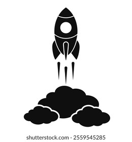 Rocket ship vector web icon isolated on white background. Simple flat illustration of starting rocket, new horizons and cosmos exploration symbol. Spaceship flying above the clouds.