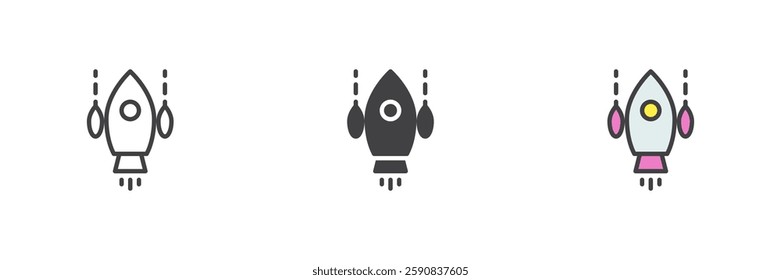 Rocket shooter game different style icon set. Line, glyph and filled outline colorful version, outline and filled vector sign. Symbol, logo illustration. Vector graphics
