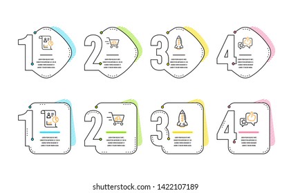 Rocket, Shopping cart and Report icons simple set. Like sign. Spaceship, Online buying, Work statistics. Star rating. Business set. Infographic timeline. Line rocket icon. 4 options or steps. Vector