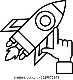 A rocket is shown with a hand pointing at it. The rocket is black and white and has a white circle in the middle. The hand is pointing at the rocket