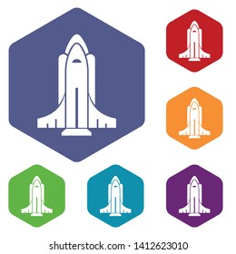 Rocket shuttle icons vector colorful hexahedron set collection isolated on white