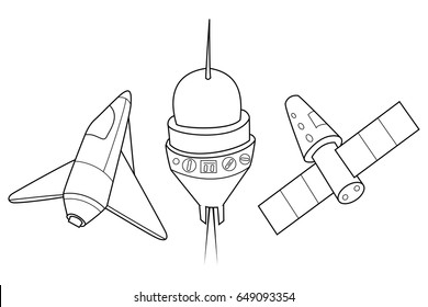 Rocket, shuttle and spaceship vector illustration. A set of space ships. Coloring book.
