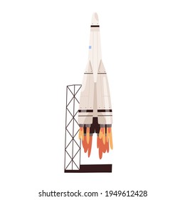Rocket Shuttle Takeoff. Rocketship Blasting Off From Spaceport. Spaceship Launch To Outer Space Or Cosmos. Flat Vector Illustration Of Cosmic Intergalactic Missile Isolated On White Background