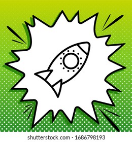 Rocket sign. Black Icon on white popart Splash at green background with white spots. Illustration.