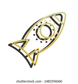 Rocket sign. Blue icon with gold contour with dark gray shadow at white background. Illustration.
