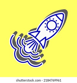 Rocket sign. Blue Icon with white stroke in 3d at yellow Background. Illustration.
