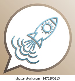 Rocket sign. Bright cerulean icon in white speech balloon at pale taupe background. Illustration.