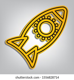 Rocket sign. Flat orange icon with overlapping linear black icon with gray shadow at whitish background. Illustration.