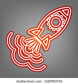 Rocket sign. Flat red icon with linear white icon with gray shadow at grayish background. Illustration.