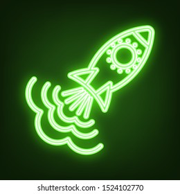 Rocket sign. Green neon icon in the dark. Blurred lightening. Illustration.