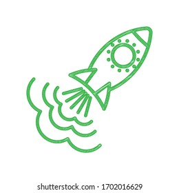 Signo de cohete. Ícono de garabato verde con contorno sólido sobre fondo blanco.  Ilustración.