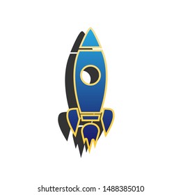 Rocket sign illustration. Blue icon with gold contour with dark gray shadow at white background. Illustration.