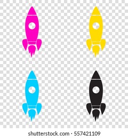 Rocket sign illustration. CMYK icons on transparent background. Cyan, magenta, yellow, key, black.