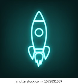 Rocket sign illustration. Cyan neon icon in the dark. Bluring. Luminescence. Illustration.
