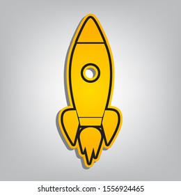 Rocket sign illustration. Flat orange icon with overlapping linear black icon with gray shadow at whitish background. Illustration.