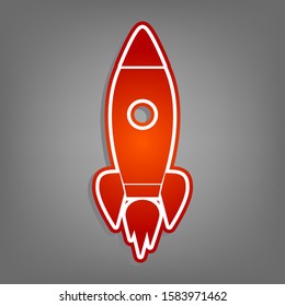Rocket sign illustration. Flat red icon with linear white icon with gray shadow at grayish background. Illustration.