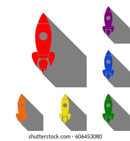 Rocket sign illustration. Set of red, orange, yellow, green, blue and violet icons at white background with flat shadow.