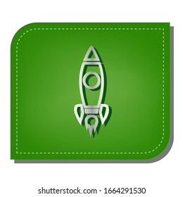 Rocket sign illustration. Silver gradient line icon with dark green shadow at ecological patched green leaf. Illustration.