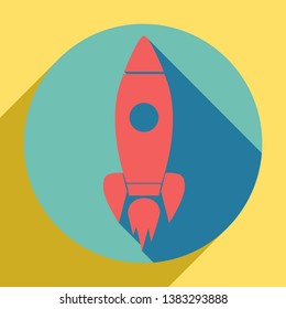 Rocket sign illustration. Sunset orange icon with llapis lazuli shadow inside medium aquamarine circle with different goldenrod shadow at royal yellow background.