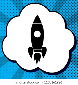 Rocket sign illustration. Vector. Black icon in bubble on blue pop-art background with rays.