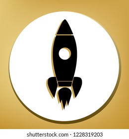 Rocket sign illustration. Vector. Black icon with light brown shadow in white circle with shaped ring at golden background.